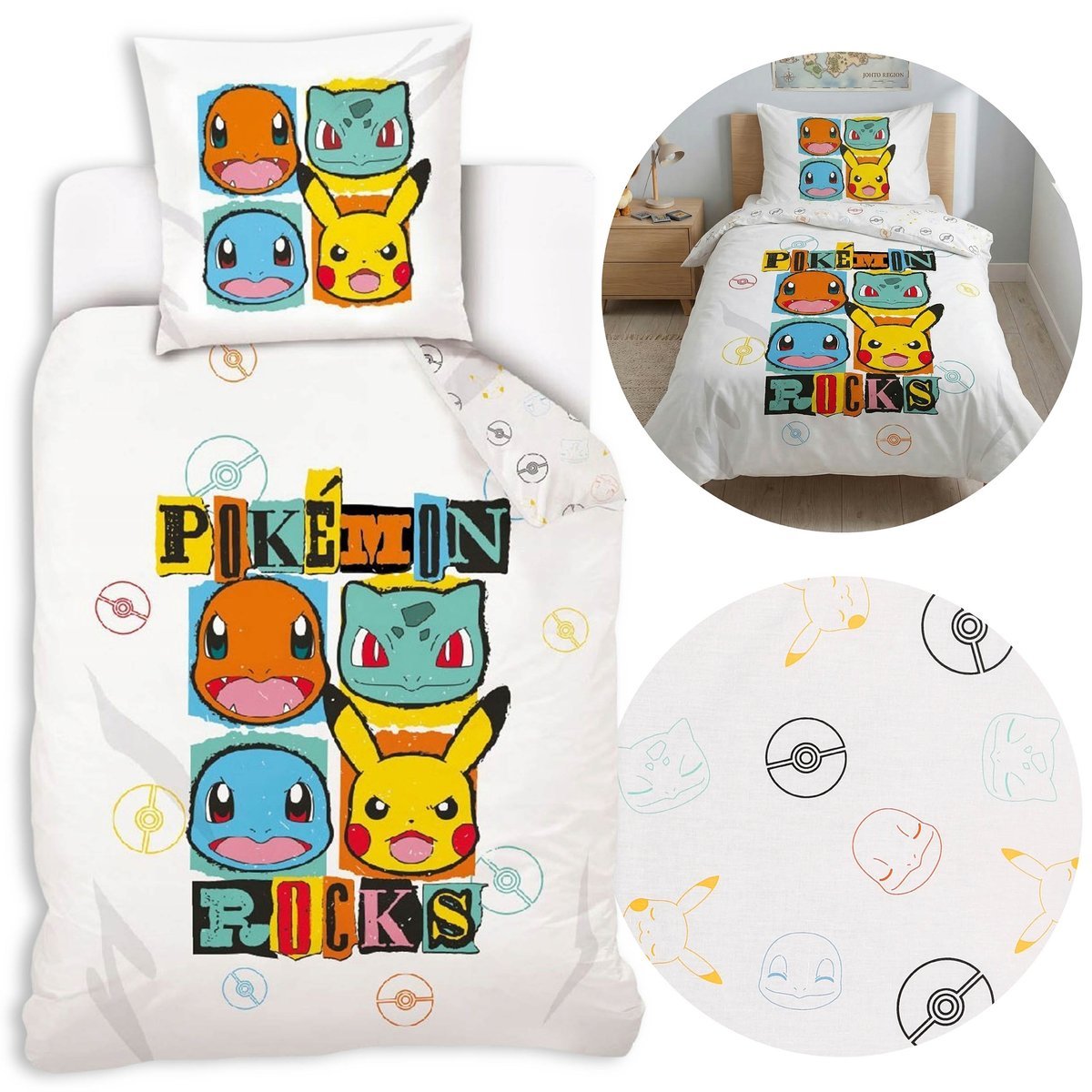 Pokemon Biała, DWUSTRONNA, bawełniana pościel dziecięca na zamek, 100% BAWEŁNA 140x200cm+70x90cm OEKO-TEX