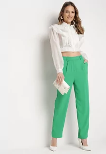 Spodnie damskie - Zielone Eleganckie Spodnie z Wysokim Stanem z Prostymi Nogawkami i Gumką w Pasie Althema - grafika 1