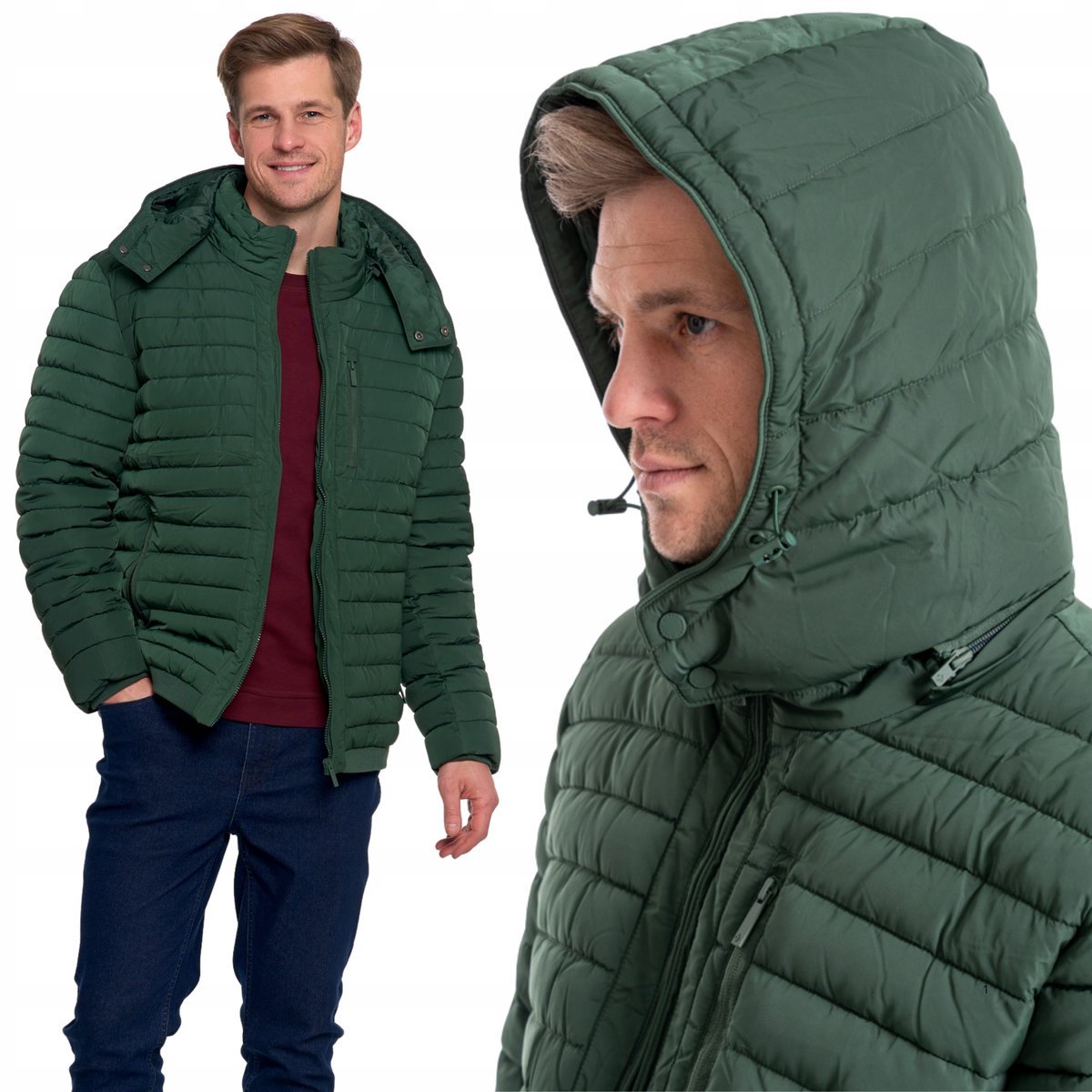 KURTKA MĘSKA PIKOWANA LEKKO OCIEPLANA Z PODSZEWKĄ ODPINANY KAPTUR MORAJ 2XL GREEN