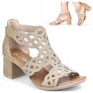 Sandały damskie - Sandały Damskie na Obcasie 37 RIEKER Sandałki Eleganckie Beżowe Cyrkonie - miniaturka - grafika 1