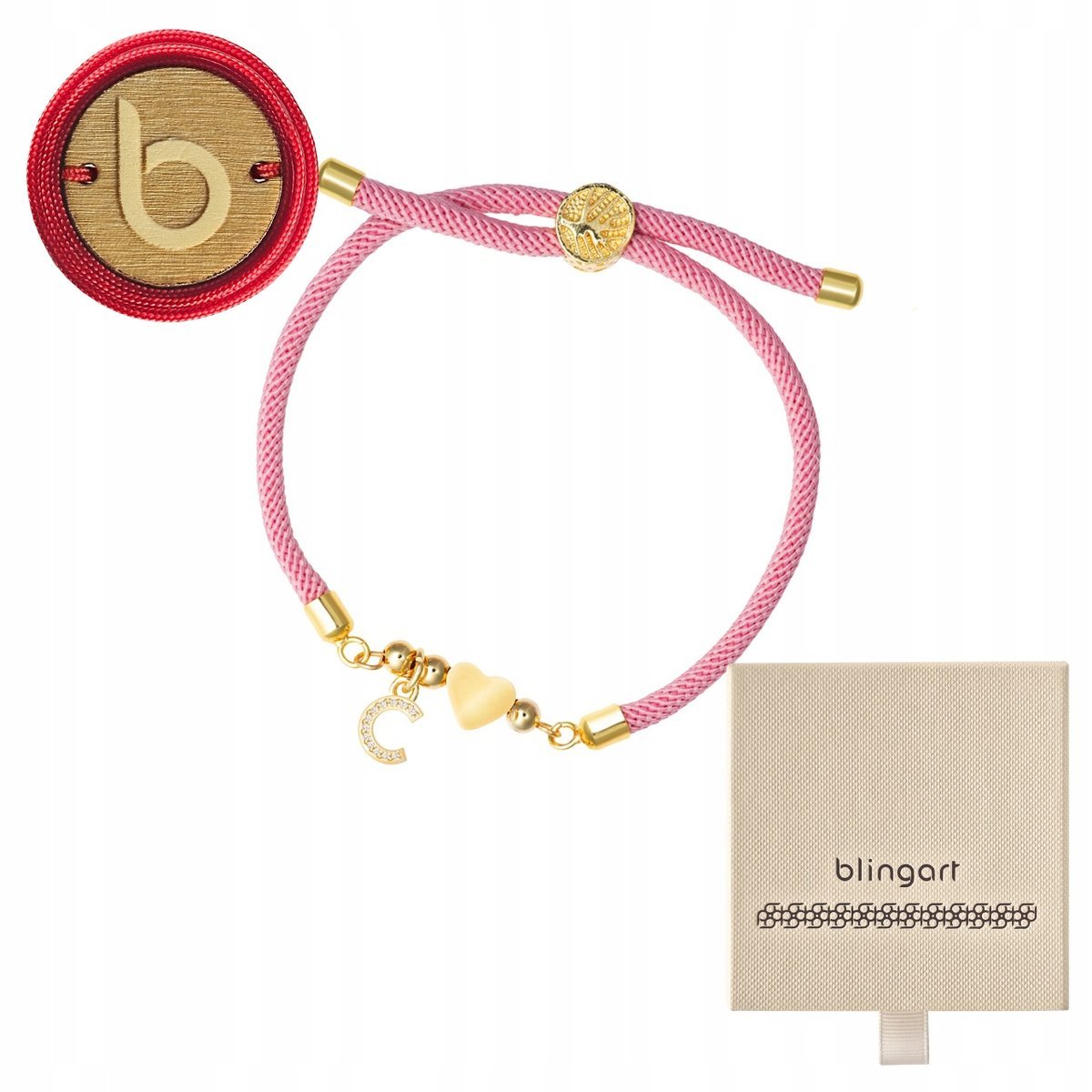 Bransoletka sznurkowa LITERKI serduszko RÓŻOWA regulowana LITERA BLINGART