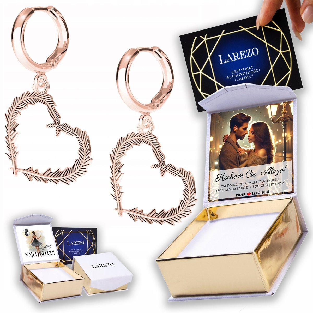 Kolczyki Pozłacane 925 Serca Serduszka z Gałązkami Liśćmi Serce Love NADRUK