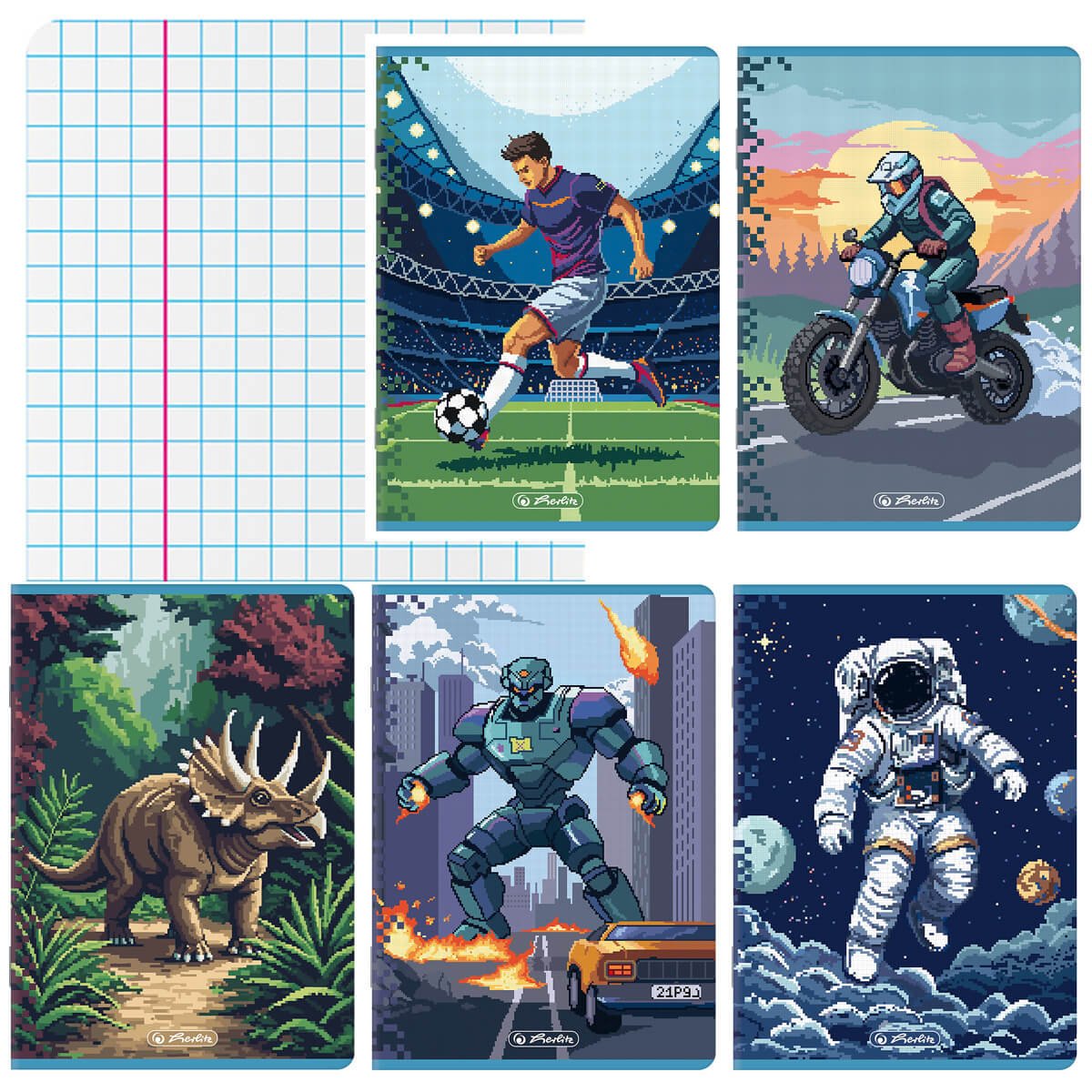 5 SZT. X ZESZYT A5, 32 KARTKI, KRATKA Z MARGINESEM, PIXEL FUN DLA CHŁOPCA, HERLITZ