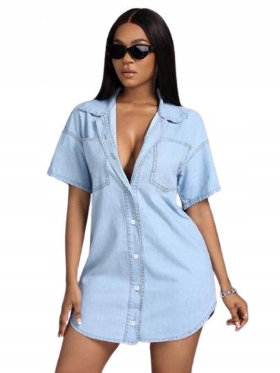 SHEIN JEANSOWA ROZKLOSZOWANA SUKIENKA Z GUZIKAMI I KIESZENIAMI 40/42 1HB