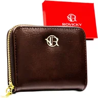 Portfele - Brązowy portfel damski na suwak ROVICKY mały elegancki modny typu piórnik - miniaturka - grafika 1