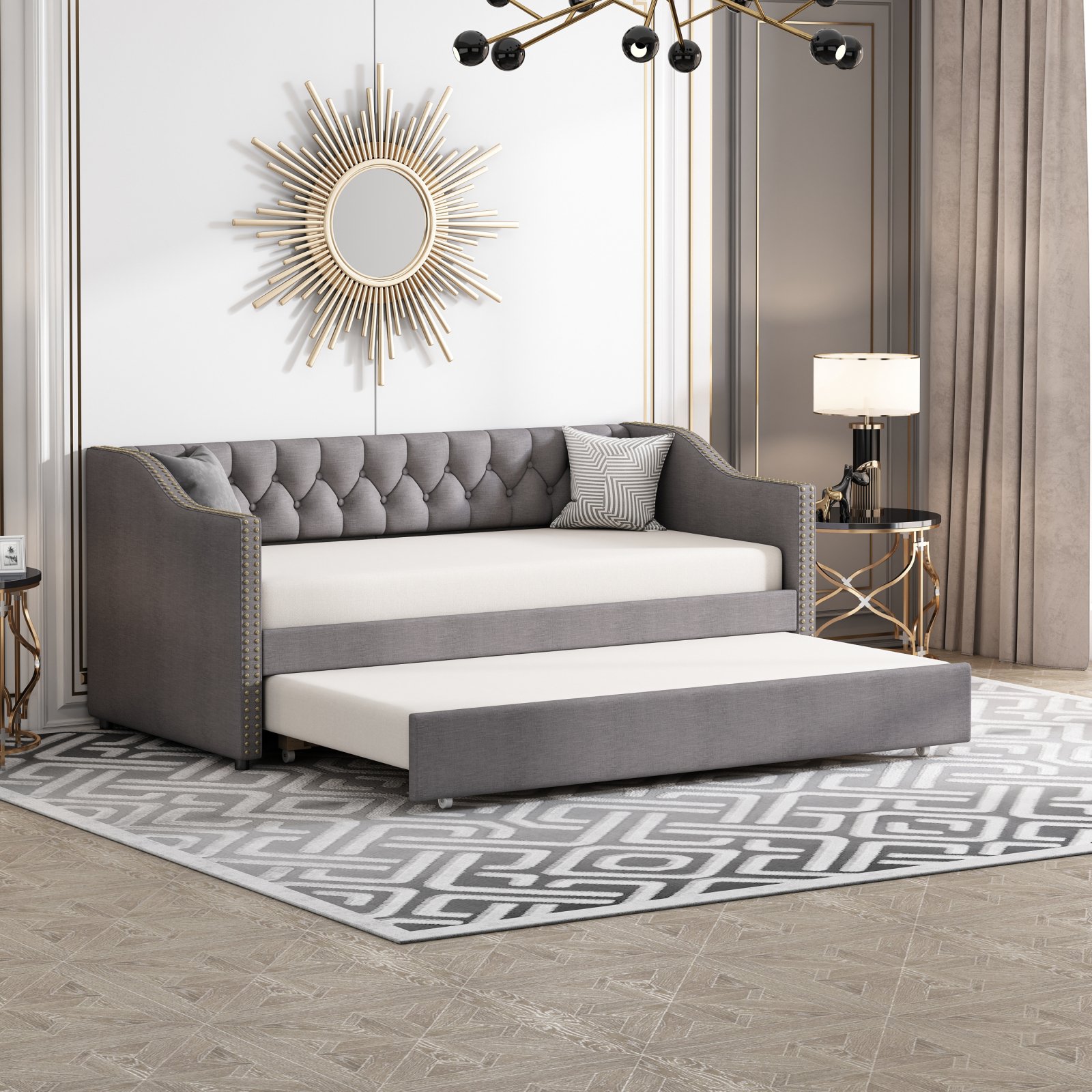 CDGlobal łóżko tapicerowane rozkładane 90x200cm sofa rozkładana z wysuwaną podstawą i stelażem z listew sofa rozkładana łóżko tapicerowane pościel dziecięca, szary