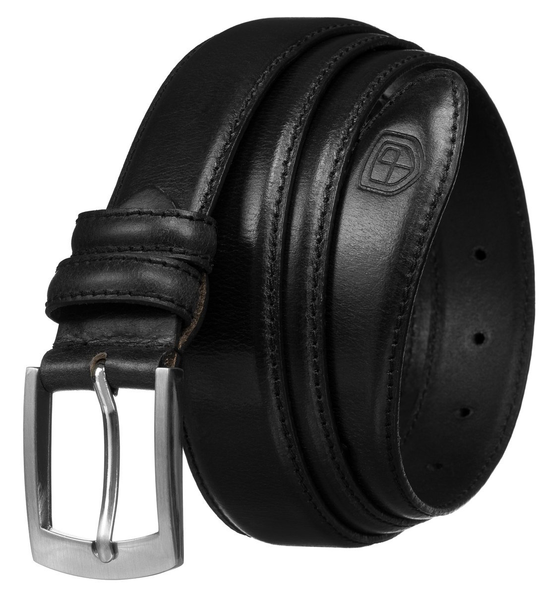 Czarny klasyczny pasek męski do spodni 105 PETERSON skóra naturalna tradycyjna srebrna klamra samodzielne skracanie