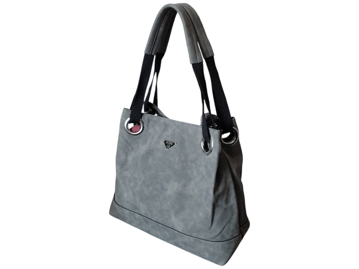 Duża Torebka Shopper Na Ramię, Torba Zamszowa Eko Skóra Szary Grafit