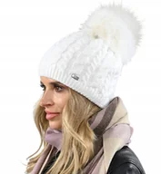 Czapki damskie - Biała CIEPŁA CZAPKA DAMSKA zimowa z pomponem, ocieplana polarem BEANIA UNI - miniaturka - grafika 1