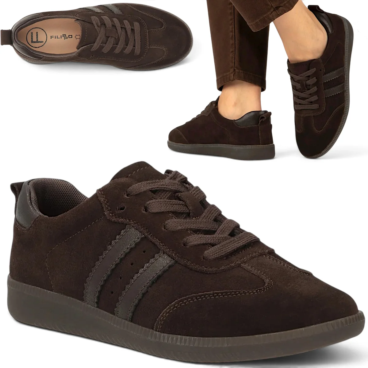 Sneakersy Damskie SKÓRZANE FILIPPO Zamszowe Sznurowane Jesienne Płaskie 38