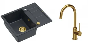 Quadron Zlewozmywak granitowy jednokomorowy 62*50*22 cm z ociekaczem MORGAN 116 BLACK DIAMOND ze złotym odpływem z baterią INGRID Q LINE kolor złoty - Zlewozmywaki z baterią - miniaturka - grafika 1