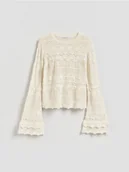 Swetry damskie - Reserved - Ażurowy sweter z bawełną - kremowy - miniaturka - grafika 1