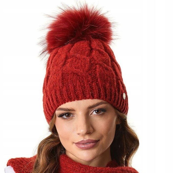 Czapka zimowa damska z naturalnym jenotem IWA Czerwony