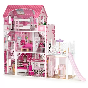 EcoToys Drewniany domek dla lalek z windą, zjeżdżalnią, mebelki w zestawie - Domki dla lalek - miniaturka - grafika 1