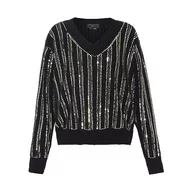 Swetry damskie - faina Damski sweter z dzianiny z dekoltem w serek i cekinami, czarny, rozmiar XS/S, czarny, XL - miniaturka - grafika 1