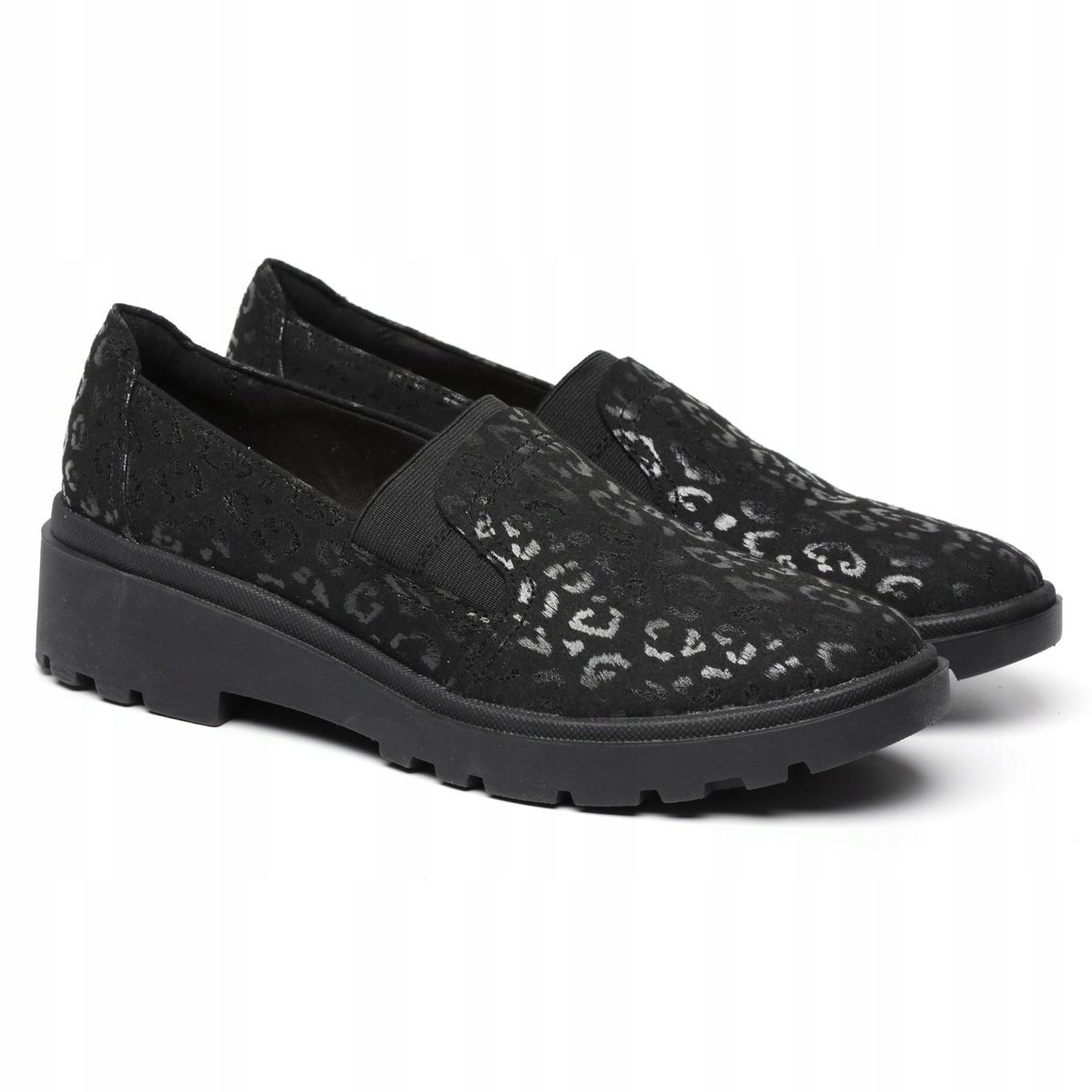 CLARKS CZARNE MOKASYNY NA PLATFORMIE Z ZAMSZOWYM WZOREM 36 6IA