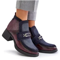 Botki damskie - Skórzane Botki Damskie Na Masywnym Obcasie Z Ozdobą Maciejka 06747-23 Bordowo-Granatowe czerwone - miniaturka - grafika 1