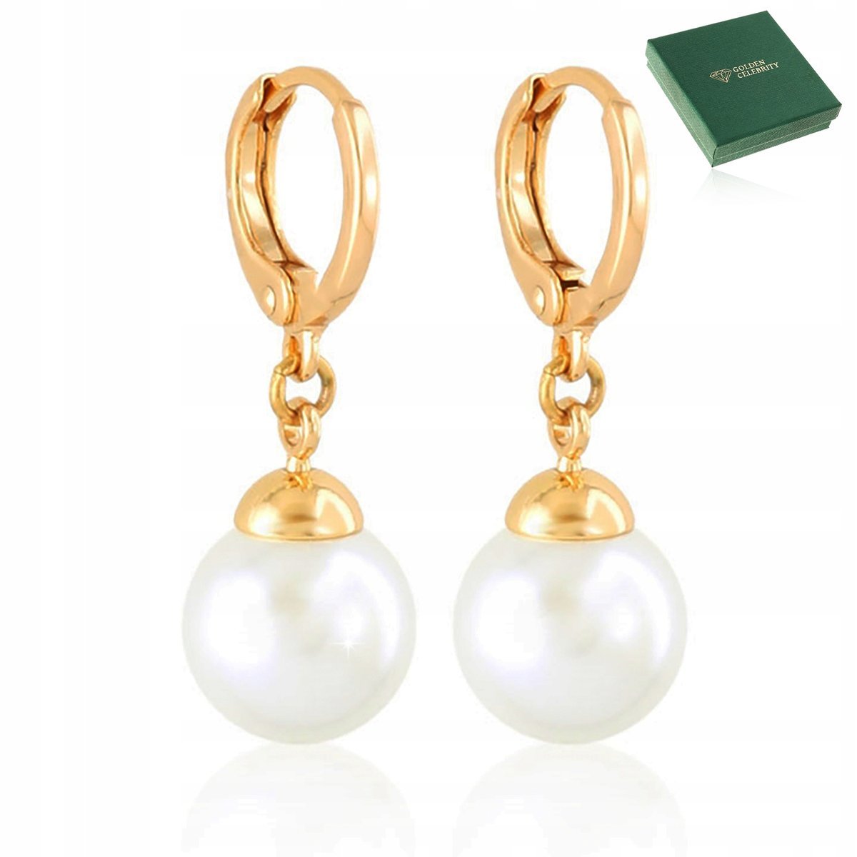Złote Kolczyki Stal Chirurgiczna 18K Długie Wiszące Białe Perły Na Zatrzask