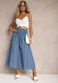 Spodnie damskie - Jasnoniebieskie Spodnie Kuloty z Bawełny High Waist o Szerokim Kroju Wykończone Gumką w Pasie Alifrea - miniaturka - grafika 1