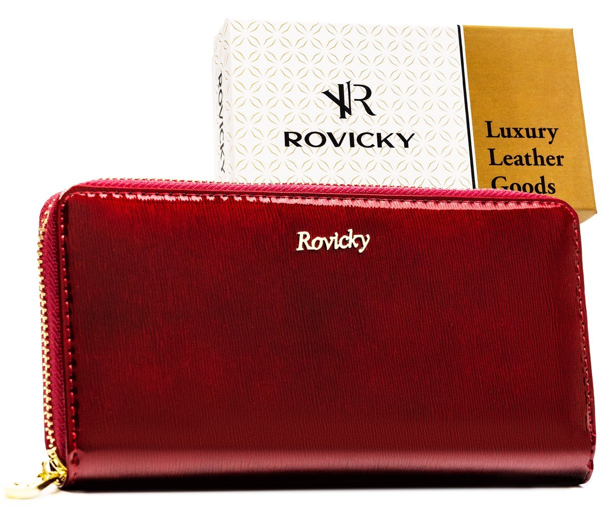 Portfel damski na suwak ROVICKY skórzany duży rfid stop rozbudowany na karty lakierowany czerwony