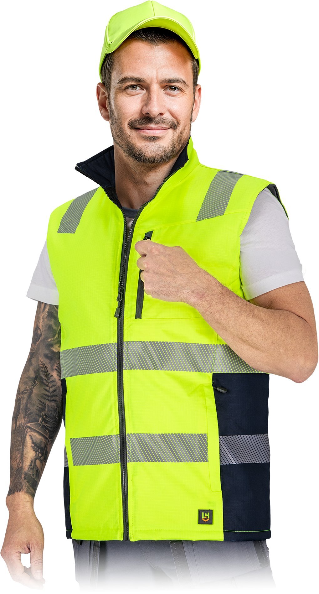 Męski bezrękawnik ochronny ocieplany tkanina rip-stop Oxford 300D powlekana poliuretanem podszewka poliestrowa żółto-granatowy LH-LASER 2XL