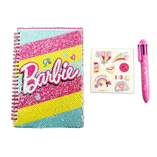 ODS Barbie My Notebook, dwustronny notatnik z cekinami, strony w paski, białe strony i kolorowanki, w tym wielokolorowy długopis i 1 arkusz naklejek Barbie, 15 x 21 cm