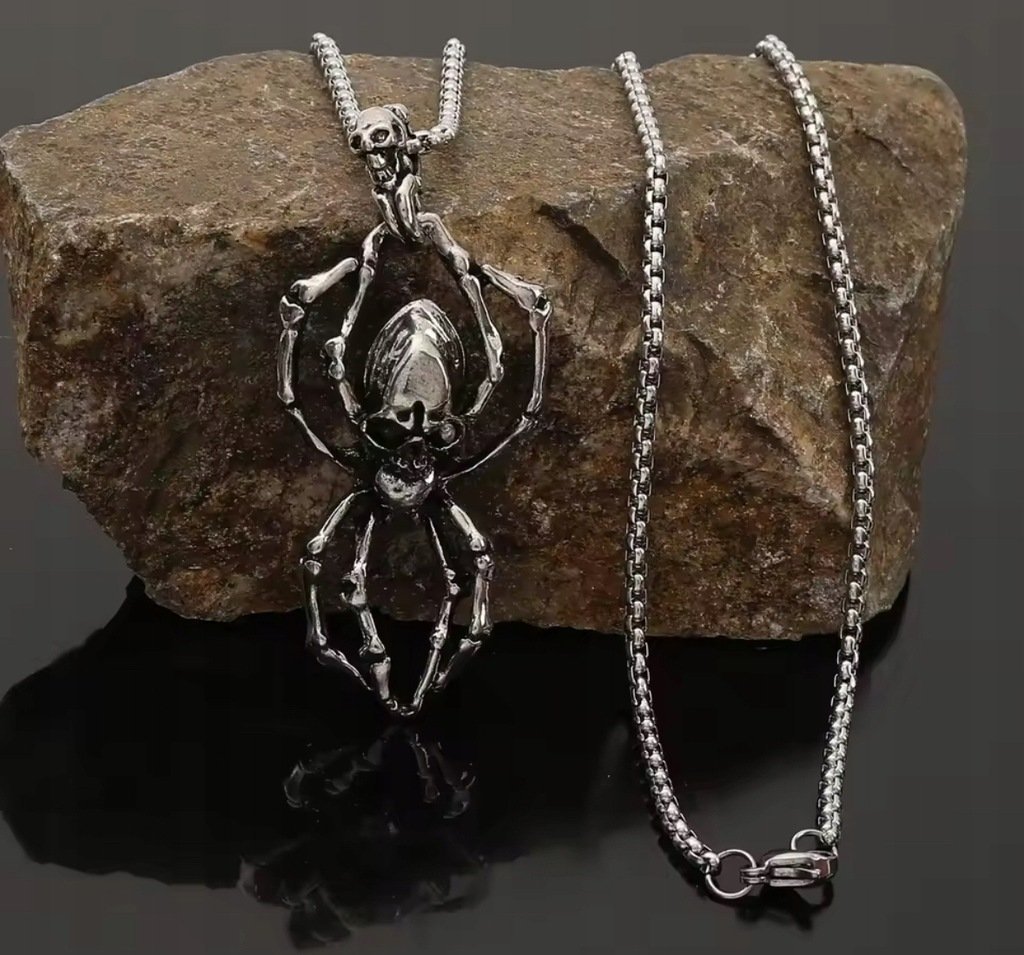 Gotycki Naszyjnik Wisiorek Pająk Srebrny Czaszka Szkielet Czacha Goth Y2K
