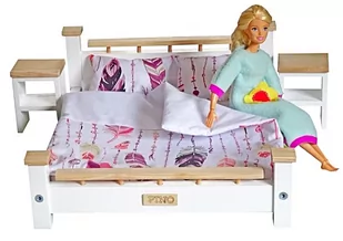 Komplet Sypialnia ASH drewniana podwójna dla Barbie i Kena : Łóżko + 2 szafki nocne + pościel , mebelki drewniane do domku dla lalek Model PIÓRKA - Domki dla lalek - miniaturka - grafika 1