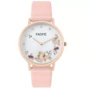 Zegarki damskie - Różowozłoty damski zegarek z kwiatami i kryształkami na pasku PACIFIC X6182-11 - miniaturka - grafika 1