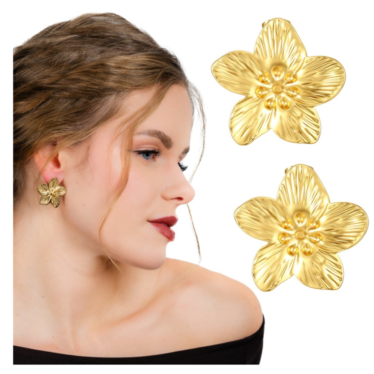 Kolczyki Sztyfty Złote Duże Kwiaty ze Stali Chirurgicznej 316L Pozłacane