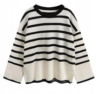 Swetry damskie - Sweter Damski w Paski Oversize Beżowy - miniaturka - grafika 1