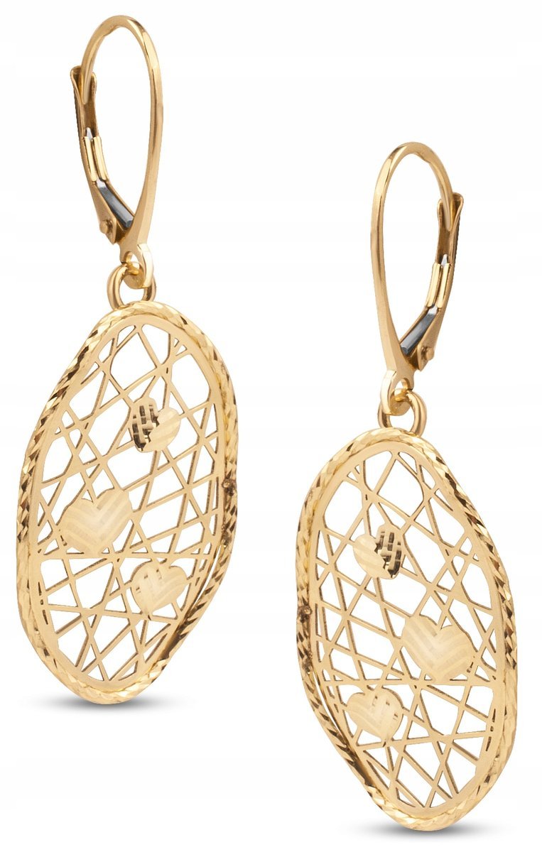 AŻUROWE FALOWANE ZŁOTE KOLCZYKI Z DIAMENTOWANIEM I SERDUSZKAMI 14KT 585