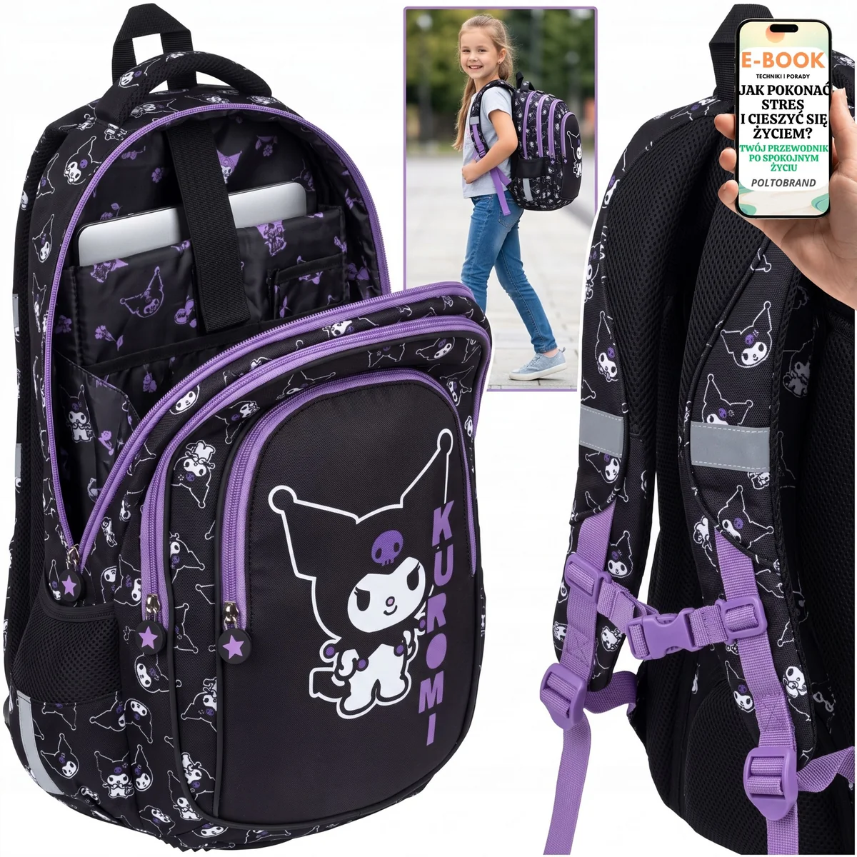 Tornister Kuromi Black Fioletowe Akcenty Pojemny na Laptopa Klasy 1-4 + E-BOOK-1