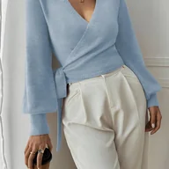 Swetry damskie - TEMU Kardigan z Eleganckim Dekoltem w Serek dla Kobiet z Wiązaniem na Przedzie - Długi Rękaw, Beżowy, Zapinany na Guziki, Żebrowane Mankiety, Idealny - miniaturka - grafika 1