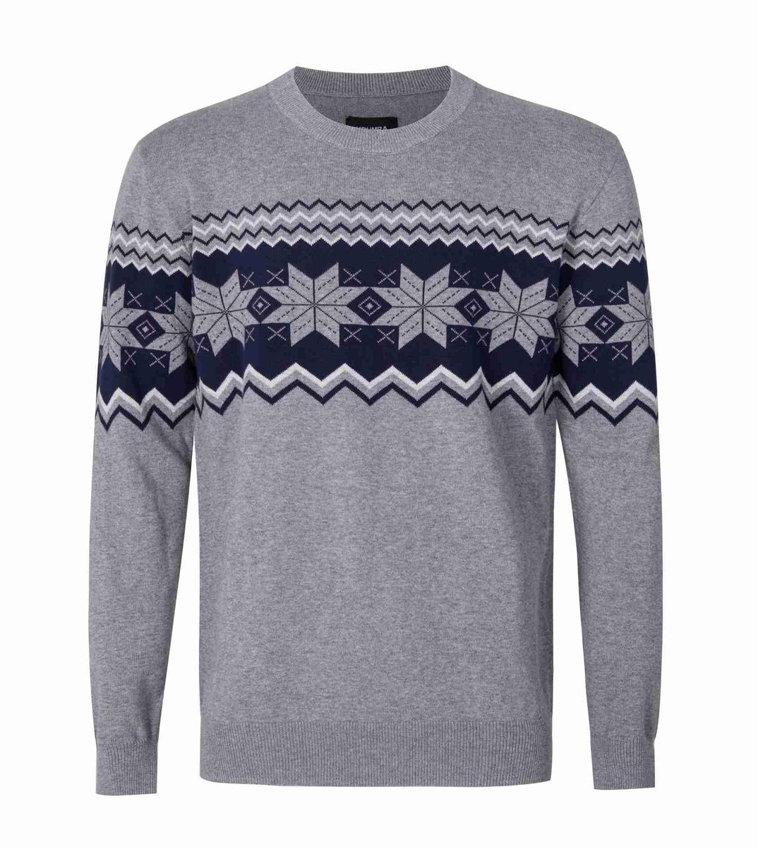 Sweter męski dzianinowy okrągły dekolt wzór romby i fale R. XXL - SZARY