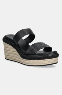 Calvin Klein klapki skórzane WEDGE SANDAL 50 - HE damskie kolor czarny na koturnie HW0HW02375 - Klapki i japonki damskie - miniaturka - grafika 1