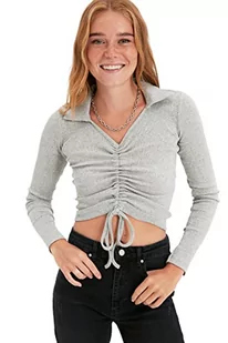 Trendyol Damska bluzka slim bodycon z dekoltem w serek, Szary, S - Body - miniaturka - grafika 1