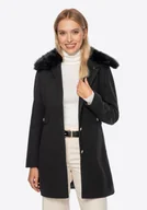 Płaszcze damskie - Krótki płaszcz damski z futerkowym kołnierzem czarny - miniaturka - grafika 1