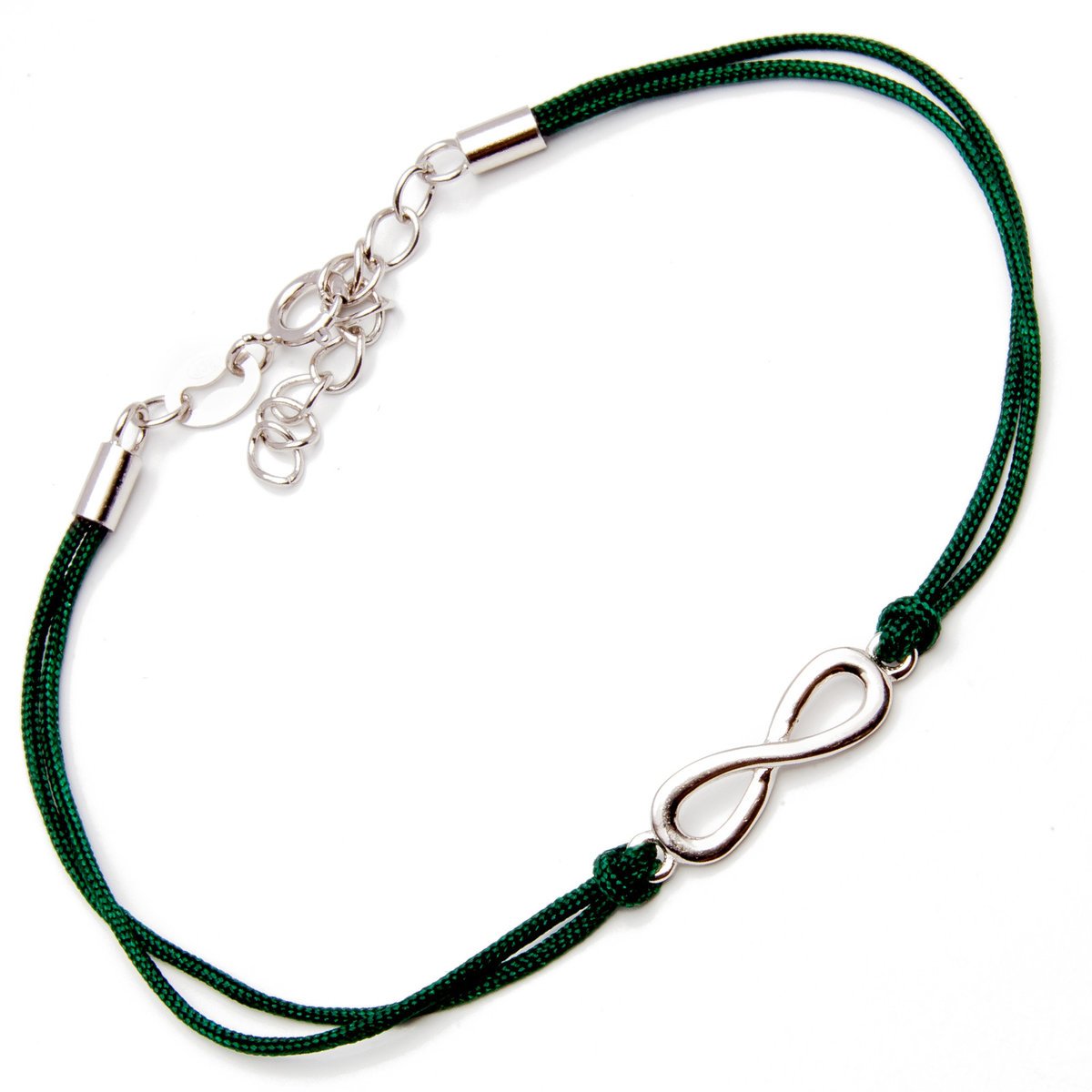 Srebrna bransoletka 925 nieskończoność zielony sznurek
