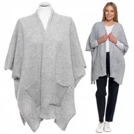 Swetry damskie - PONCZO DAMSKIE Z KIESZENIAMI STYLOWE MODNE KLASYCZNE JESIEŃ ZIMA MORAJ GREY - miniaturka - grafika 1