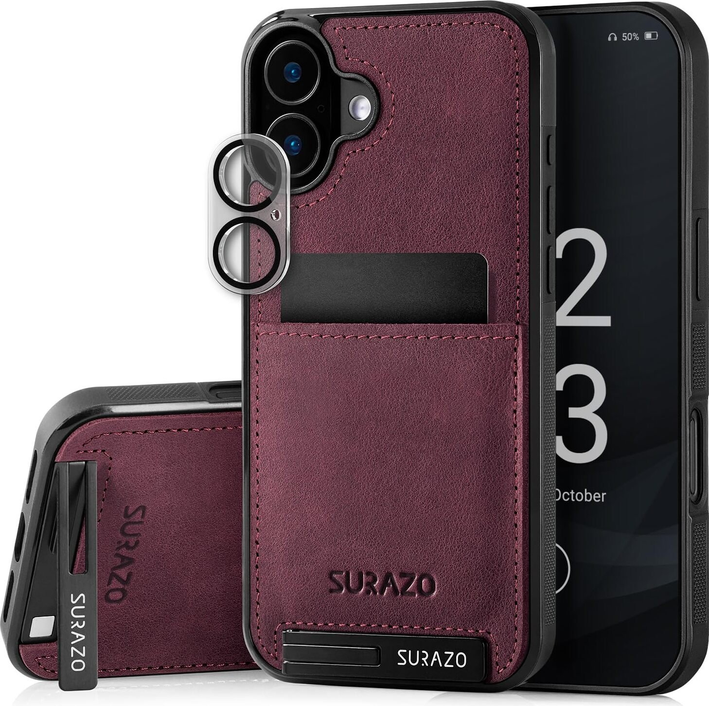 Etui SURAZO z prawdziwej skóry do Apple iPhone 16 - odporne na wstrząsy skórzane etui na telefon komórkowy [szkło ochronne aparatu, gniazdo kart, funkcja podstawki,