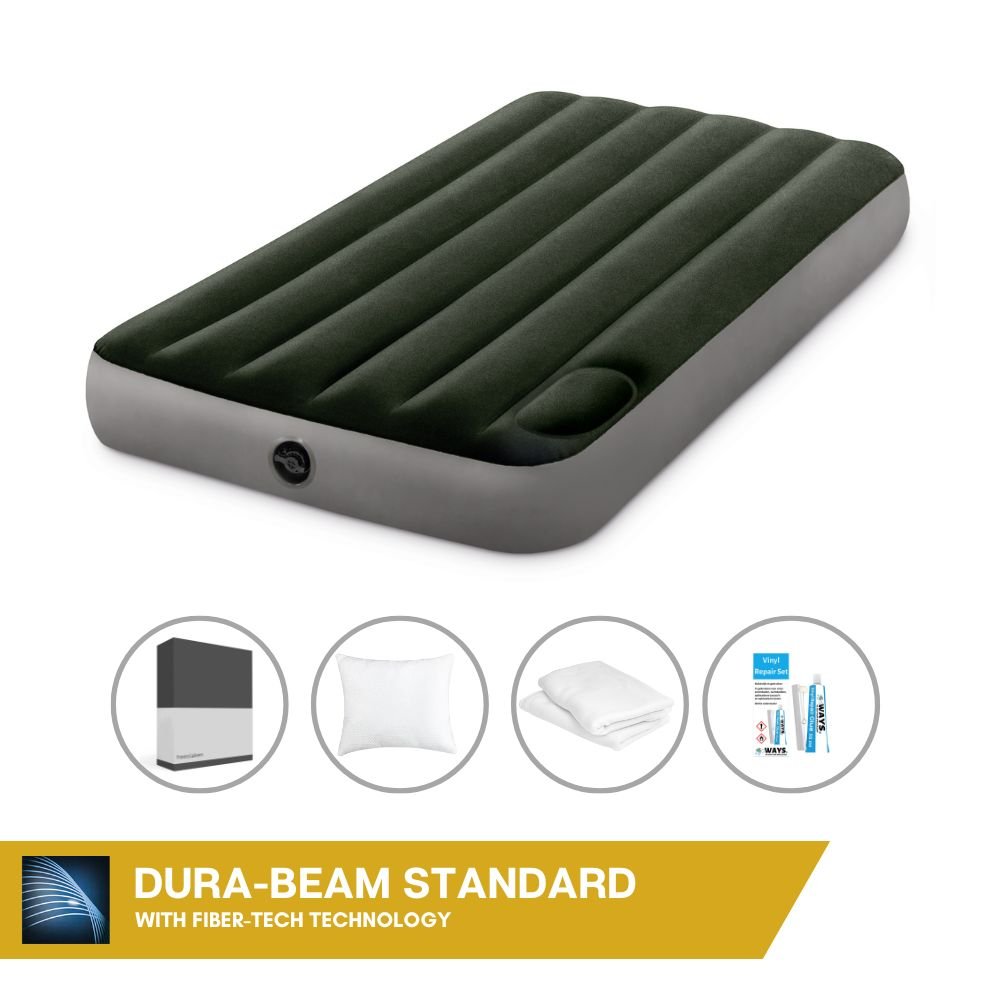 Dmuchane łóżko Intex - 1 osoba - 99 x 191 x 25 cm - Zielony - Z wbudowaną pompką nożną + prześcieradło czarne + poduszka + poszewki Molton 2 w 1 + zestaw naprawczy