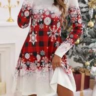 Sukienki - TEMU Elegancka Czerwono-Czarna Krótka Sukienka w Kratę z Nadrukiem Płatków Śniegu i Kołnierzykiem Poinsecji - Białe Wykończenie, Okrągły Dekolt, - miniaturka - grafika 1