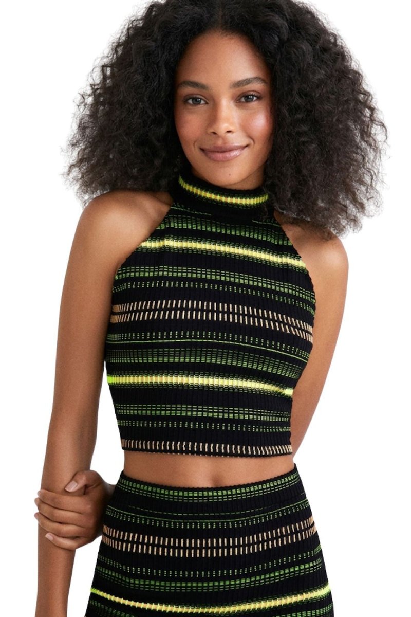 Bluzka damska Desigual Top czarny w neonowe pasy halter-XL