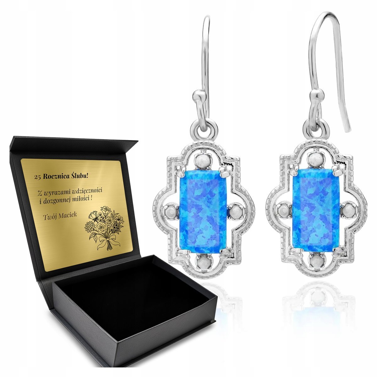 Kolczyki Srebrne Orientalne Z Niebieskim Opalem Eleganckie Piękne + Grawer