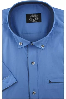 Koszule męskie - Koszula Męska Elegancka Wizytowa do garnituru gładka niebieska z lamówką z krótkim rękawem w kroju SLIM FIT Classo N497 (M, 39, 176/182) - grafika 1