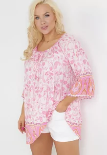 Bluzki damskie - Różowa Tunika Bluzka z Rozszerzanym Dołem i Ozdobnym Wiązaniem przy Dekolcie Sandrani - grafika 1