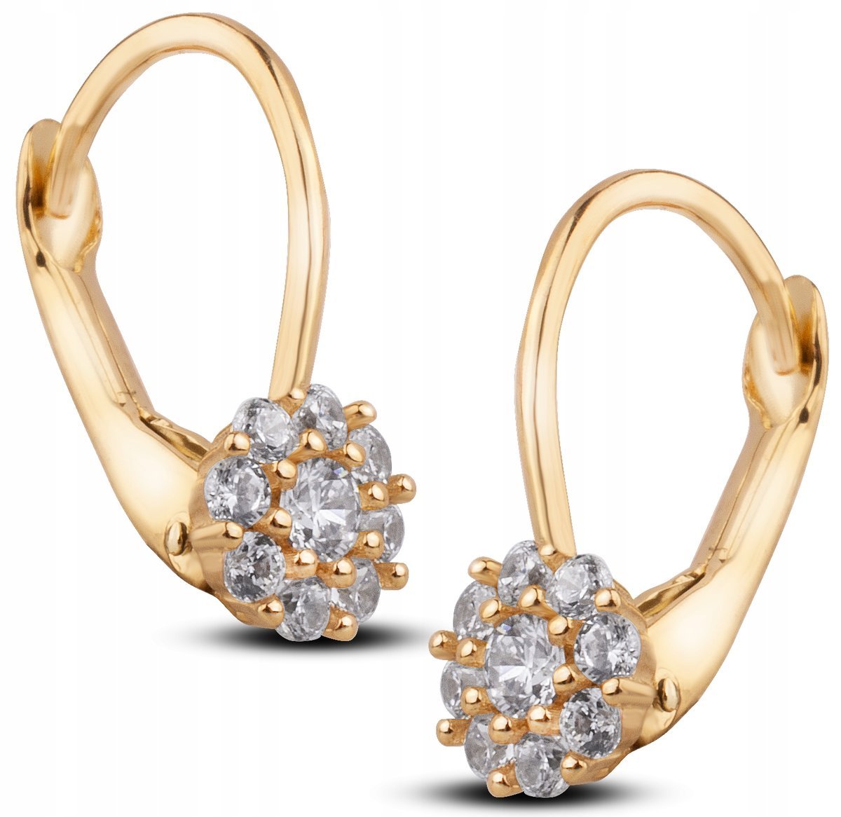 ZŁOTE KOLCZYKI DLA DZIEWCZYNKI KWIATUSZKI Z BIAŁYMI CYRKONIAMI 14KT 585