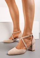 Czółenka - Beżowe Czółenka z Ekoskóry na Słupku ze Skórzaną Wkładką Sactavia - miniaturka - grafika 1