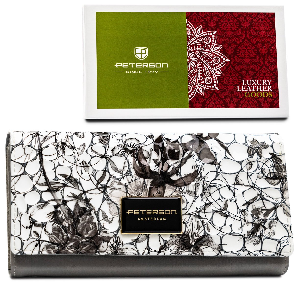 Elegancki duży szaro - biało - czarny portfel damski z lakierowanej skóry naturalnej PETERSON kwiatowy wzór schowek na suwak kieszeń na bilon zamykana